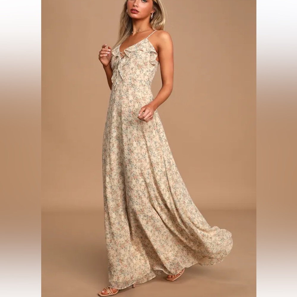 Lulu's Cream Floral Ruffle Spaghetti Strap Maxi Dress